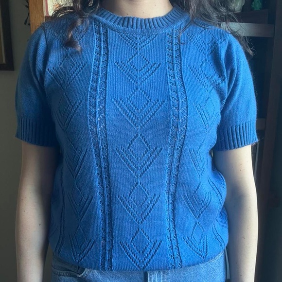 BLUE KNIT VINTAGE SHORT SLEEVE BLOUSE - Picture 2 of 4